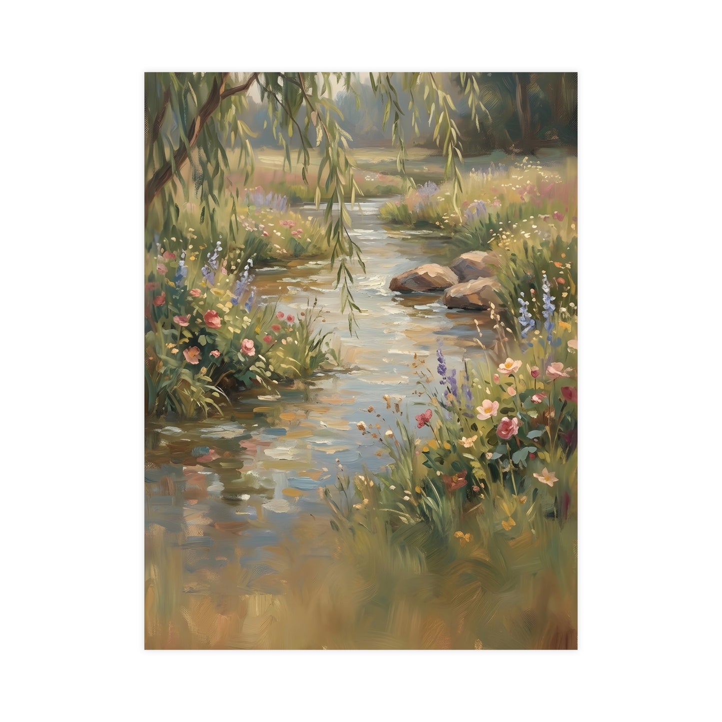 Willow Stream — a shallow stream winding through a meadow with willow branches trailing over the water, 12x18 in print