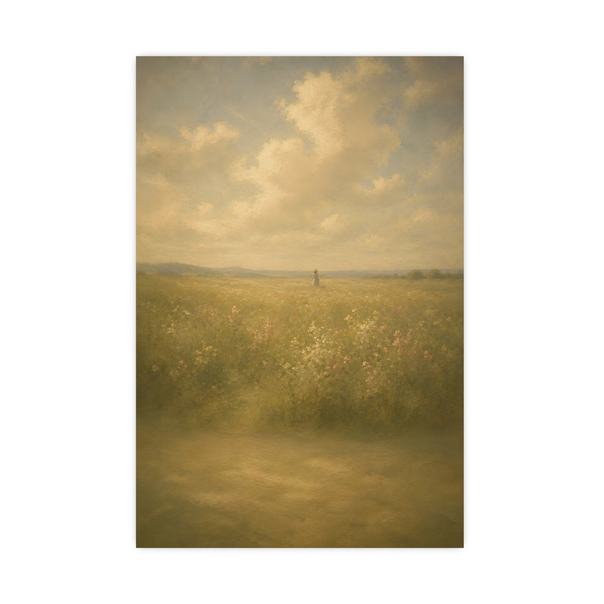 Small in the Field — a single figure very small and far off in a wide wildflower field under a wide summer sky, 16x24 in prin