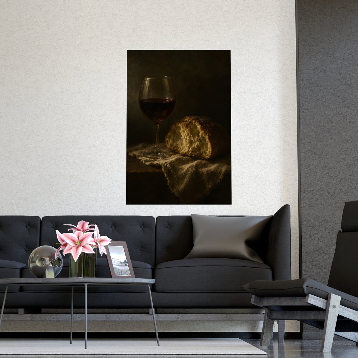 Wine and Bread — wine and bread, shown framed on a wall