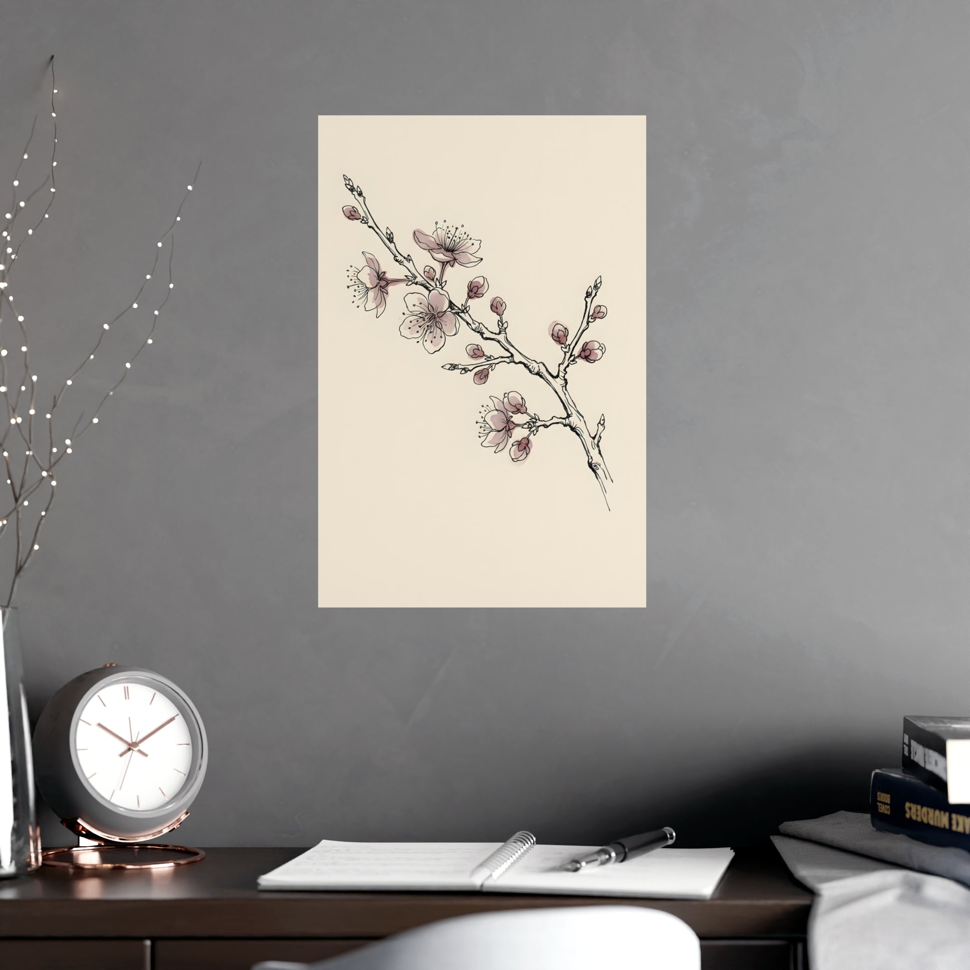Plum Branch hung on a grey wall above a dark sofa, 12x18 in print
