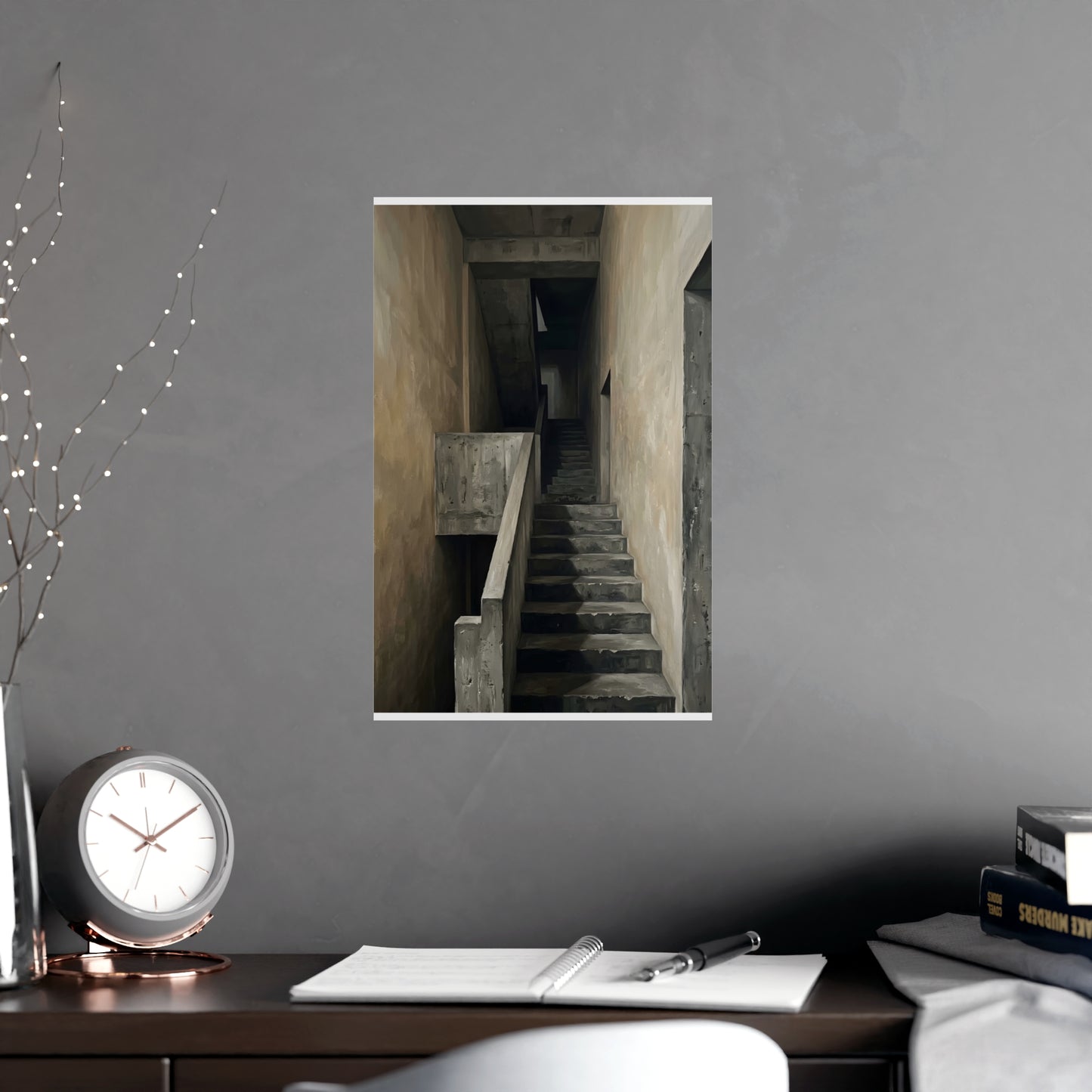 Concrete Stairwell framed on a cream wall in a living room, 11x17 in print
