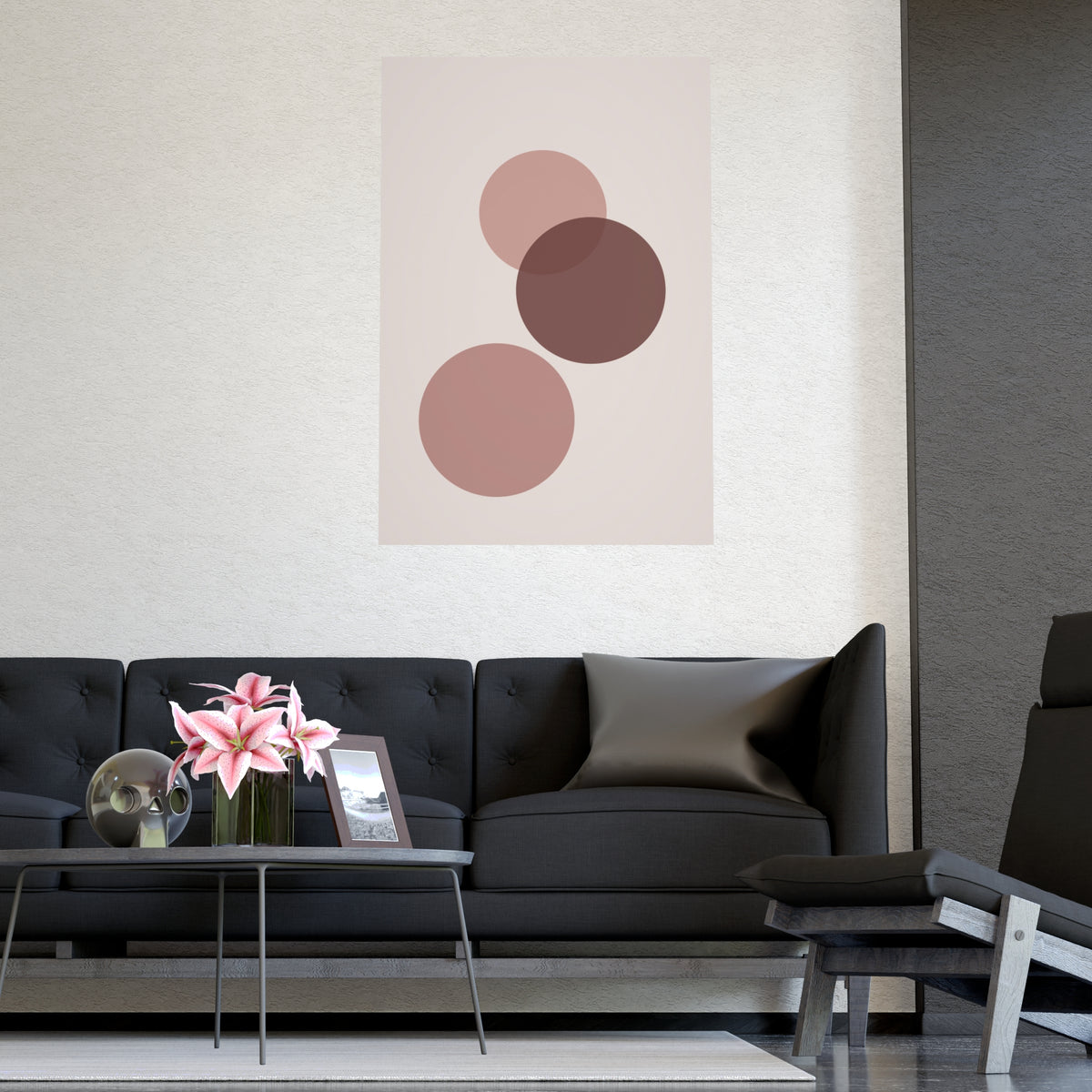 Dusty Rose Circles Modern Wall Art — circles in a dusty rose palette, shown framed on a wall