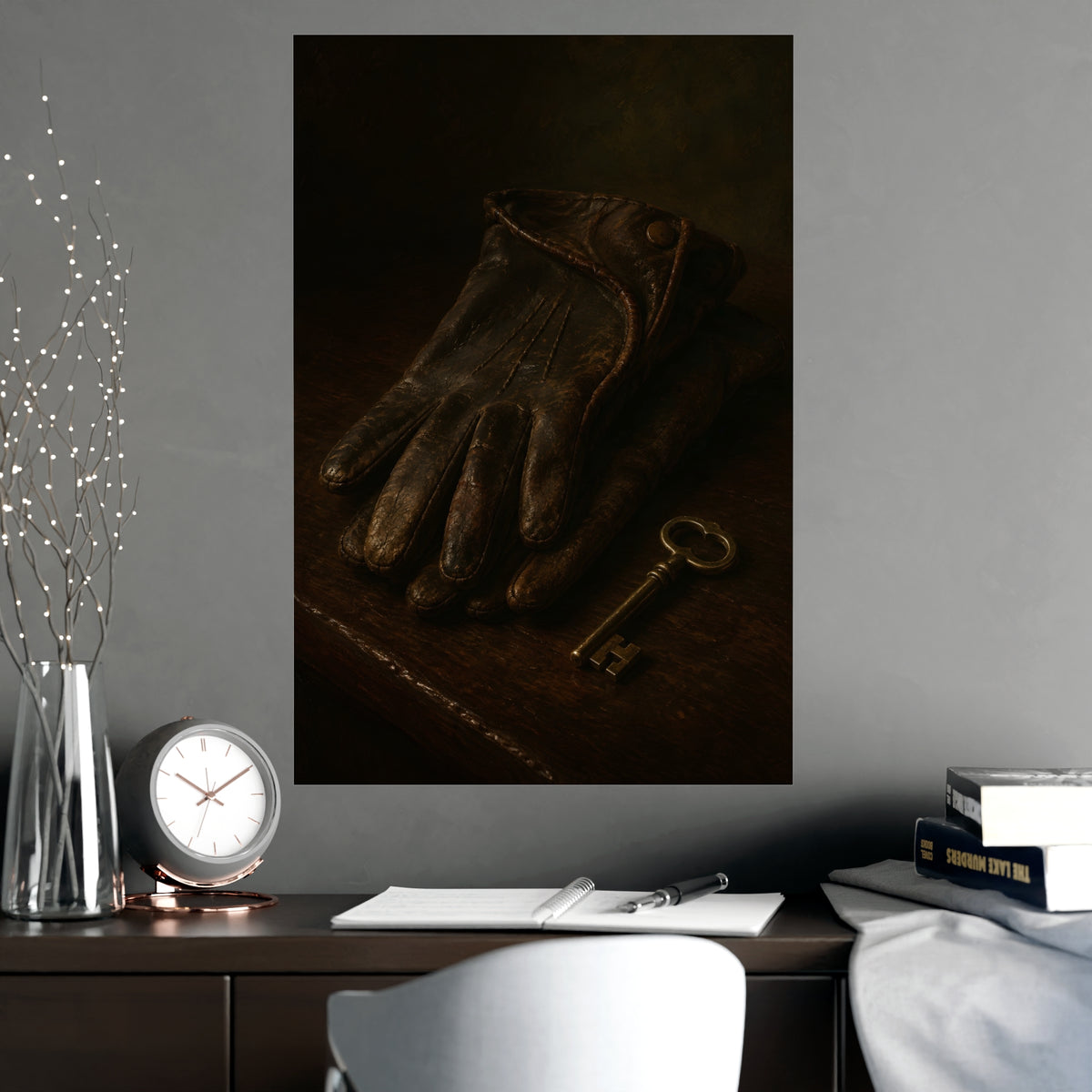 Gloves and a Brass Key — gloves and a brass key, shown framed on a wall