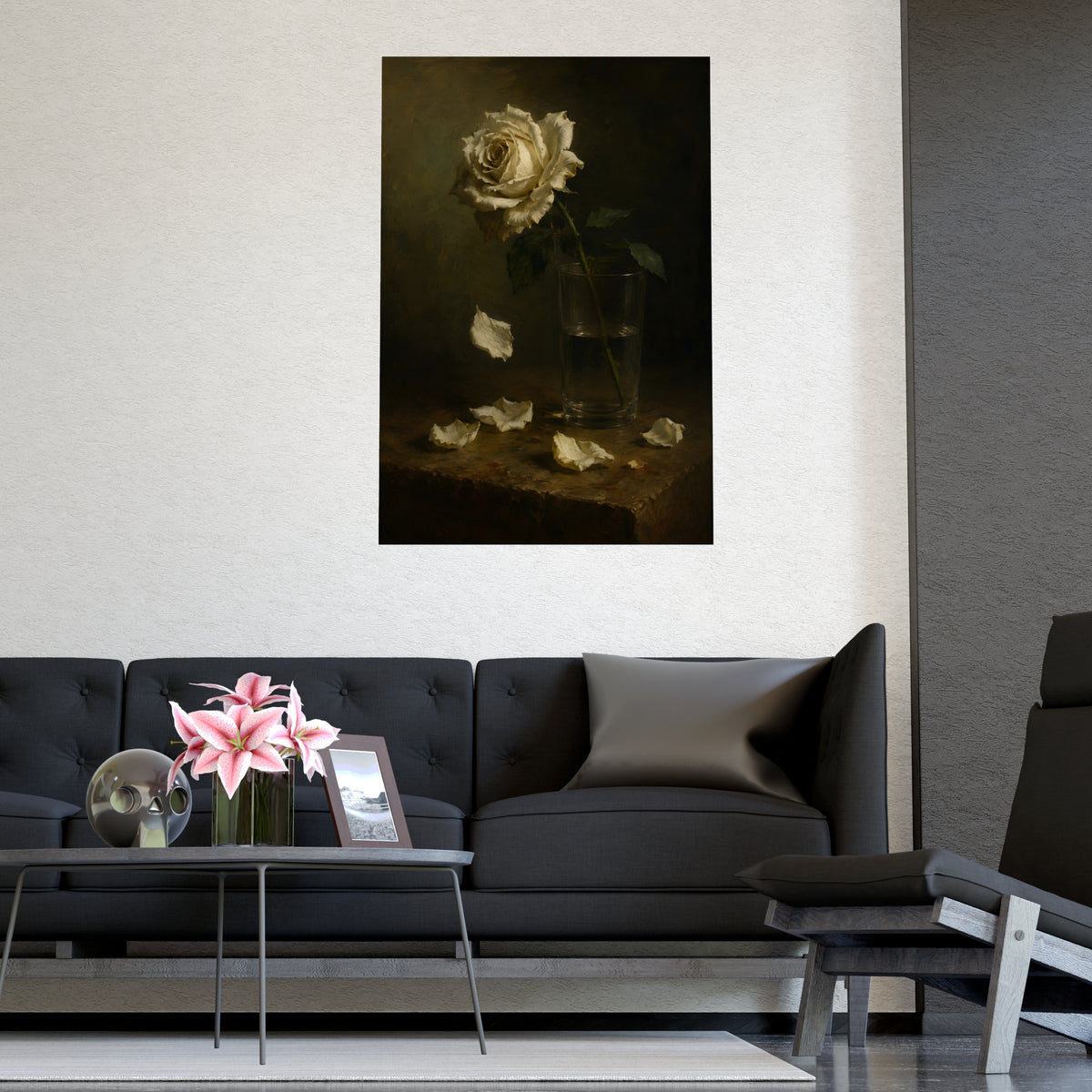 White Rose, Falling — white rose, falling, shown framed on a wall