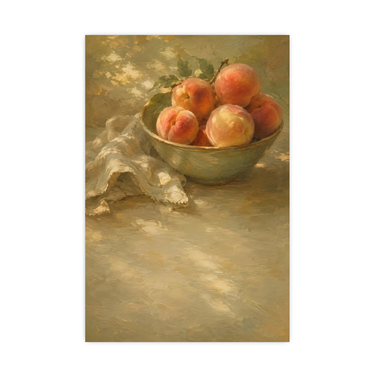 Bowl of Peaches — a bowl of ripe peaches and a folded linen napkin on a sunlit table, 20x30 in print
