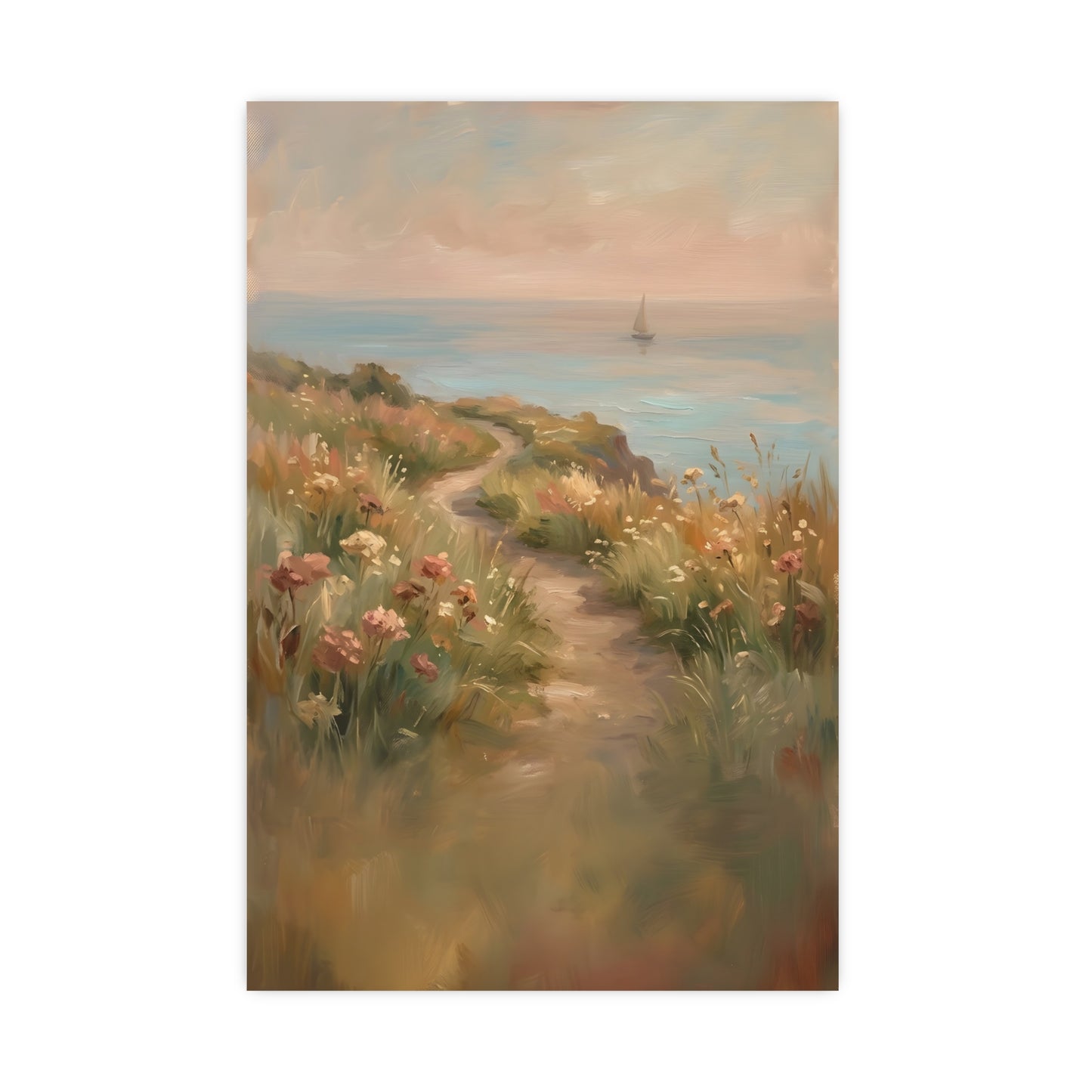 Coast Path — a sandy path through wild grasses and sea pinks with a calm sea beyond, 20x30 in print