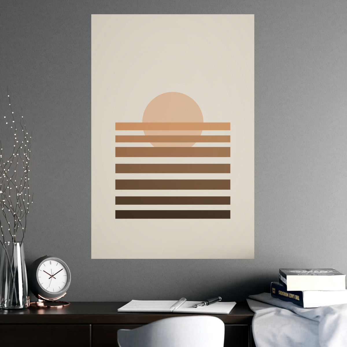 Warm Earth Sunset Boho Wall Art — sunset in a warm earth palette, shown framed on a wall