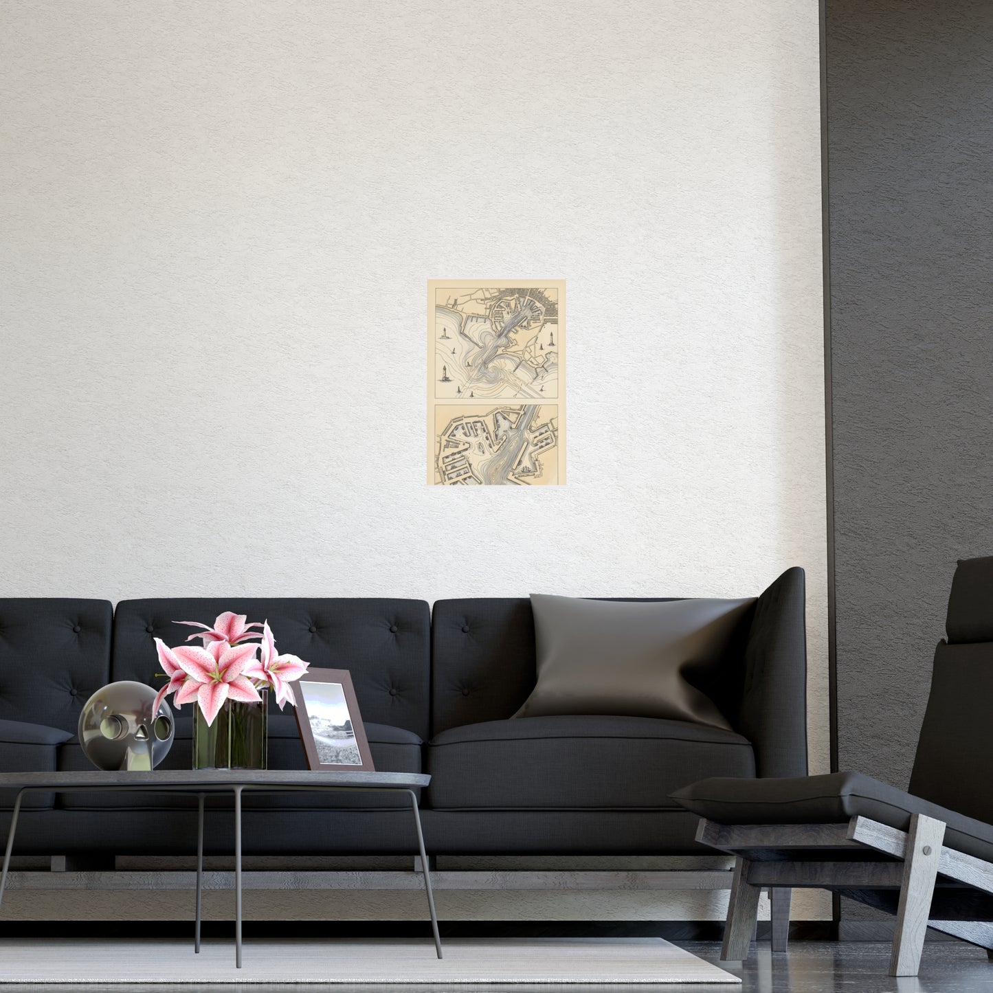 Harbour Soundings on a living room wall beside a tall vase, 12x16 in print