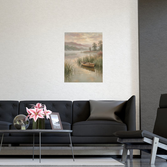 Rowboat at Dawn framed on a cream wall in a living room, 20x30 in print