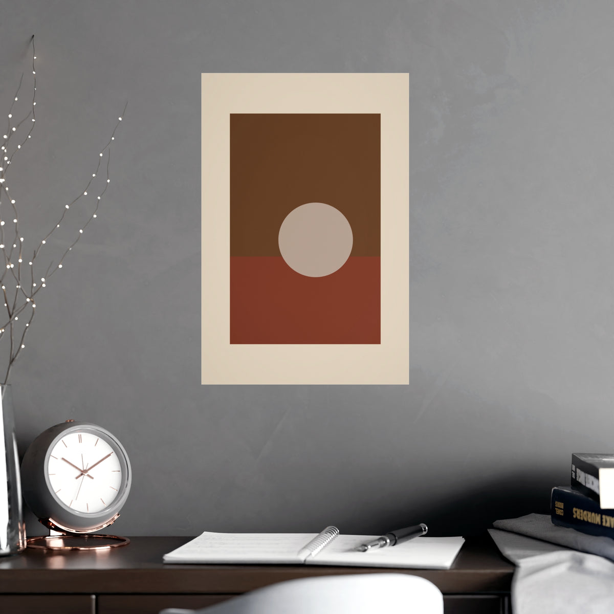 Muted 70s Sun Landscape Wall Art — sun landscape in a muted 70s palette, shown framed on a wall