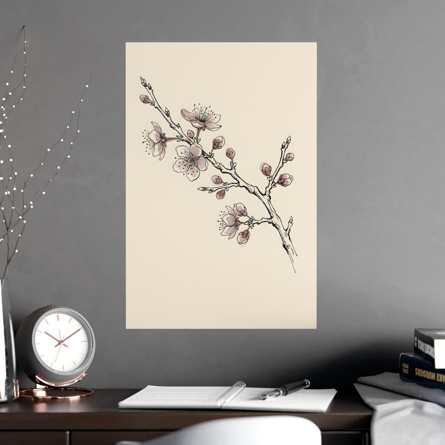 Plum Branch framed on a cream wall in a living room, 18x24 in print
