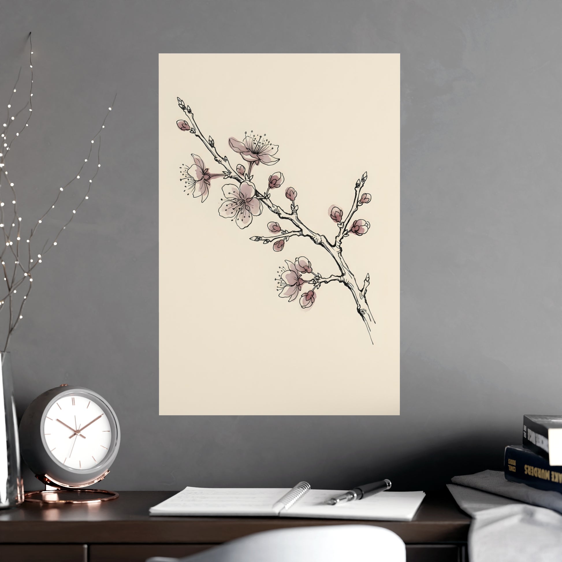 Plum Branch framed on a cream wall in a living room, 18x24 in print