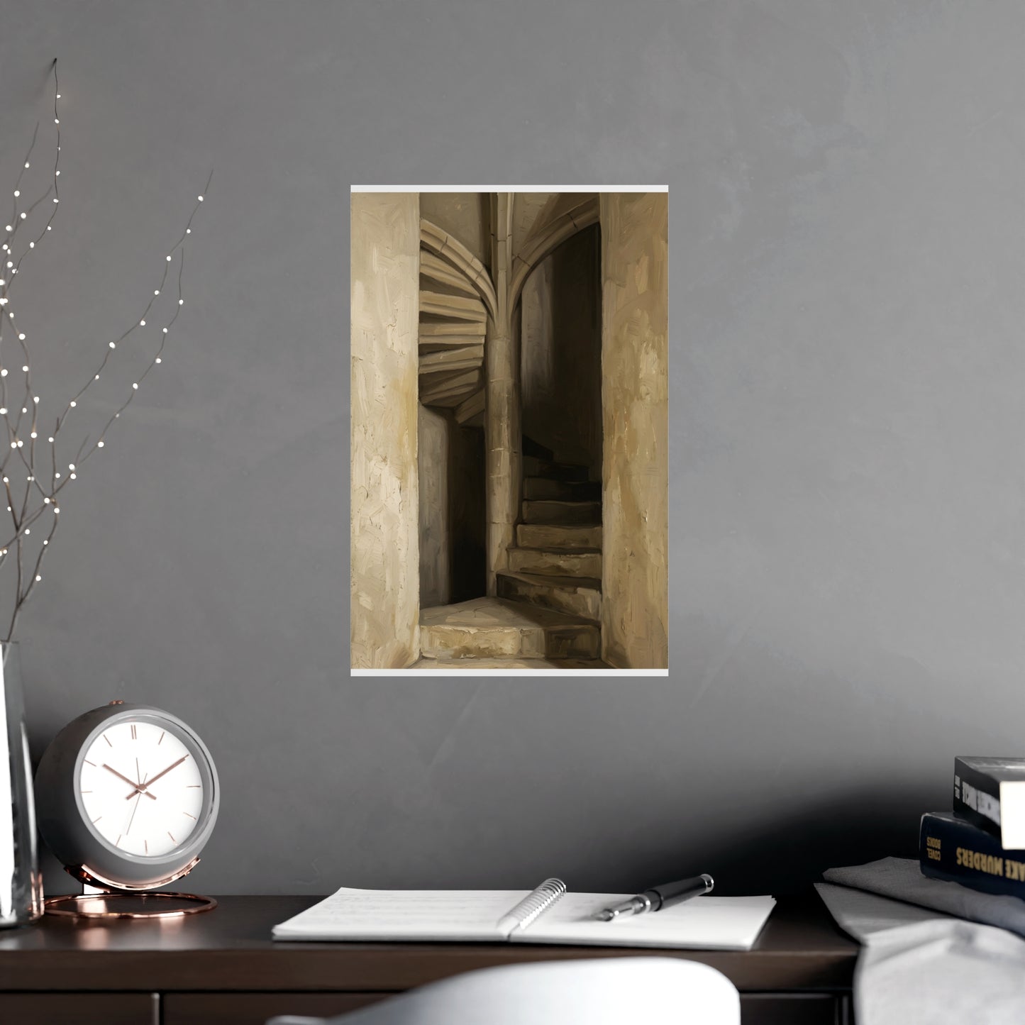 Stone Stair hung above a desk with a clock and notebook, 11x17 in print