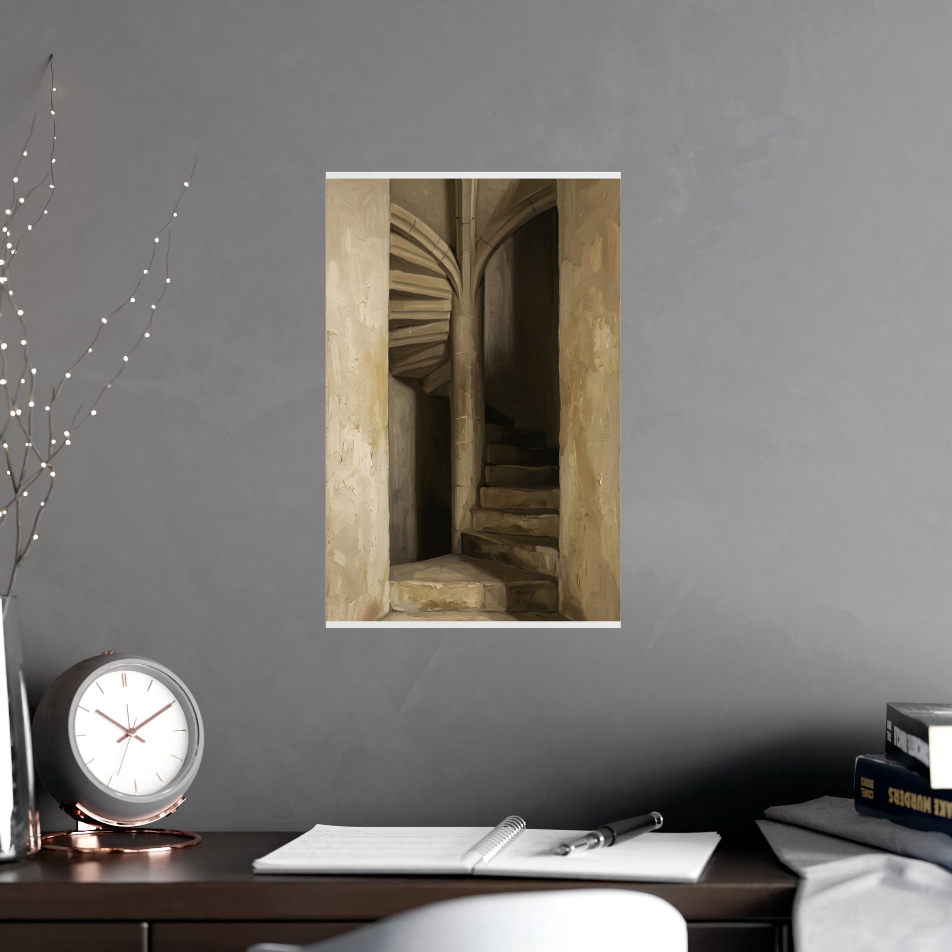 Stone Stair hung above a desk with a clock and notebook, 11x17 in print
