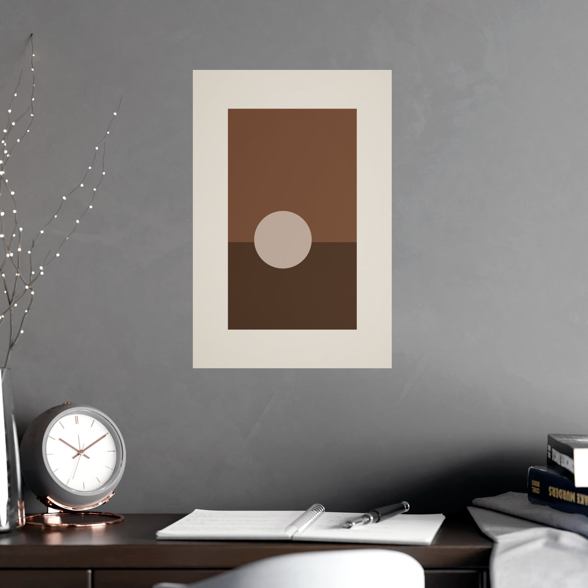 Sand Clay Sun Landscape Wall Art — sun landscape in a sand clay palette, shown framed on a wall