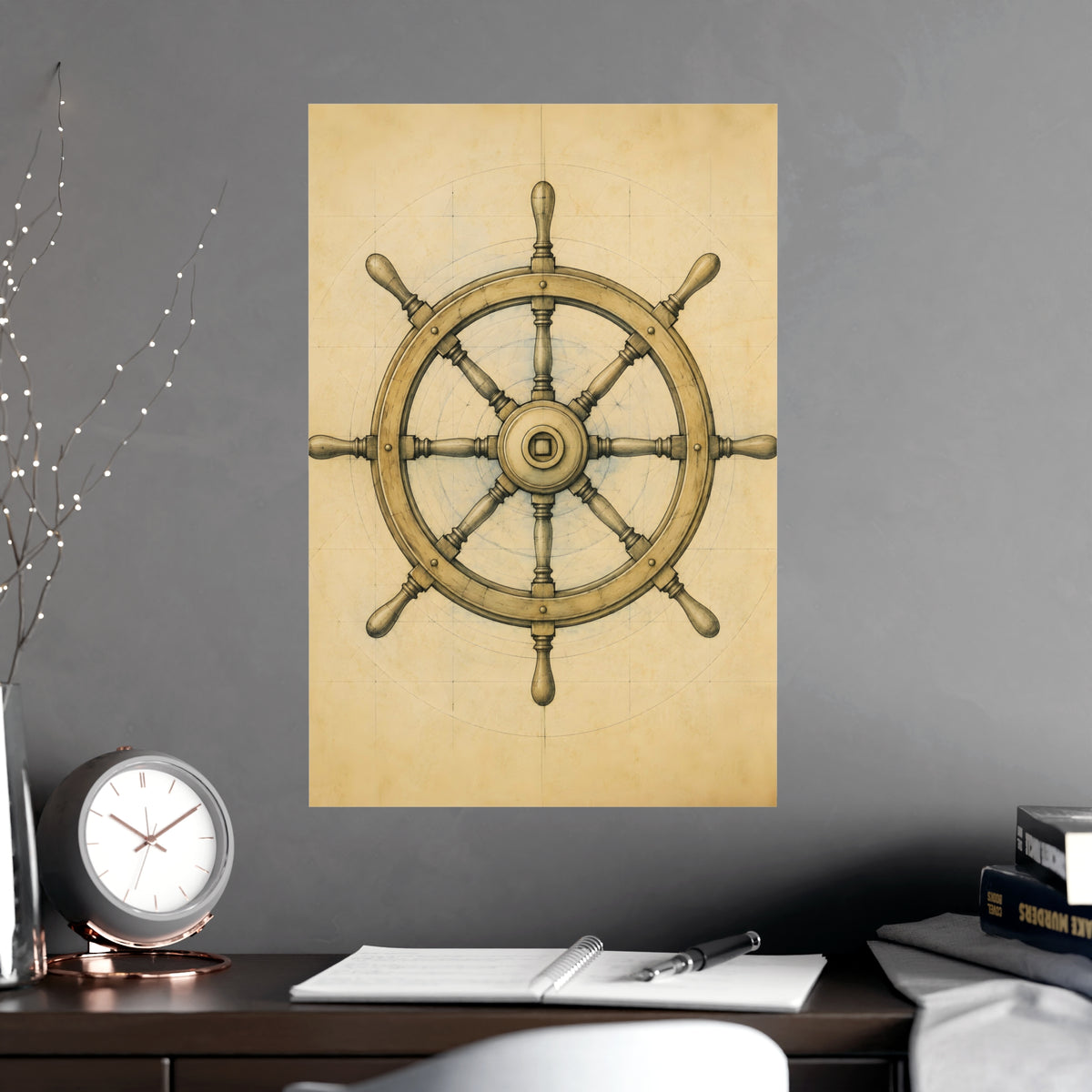 Ship's Wheel — ship's wheel, shown framed on a wall