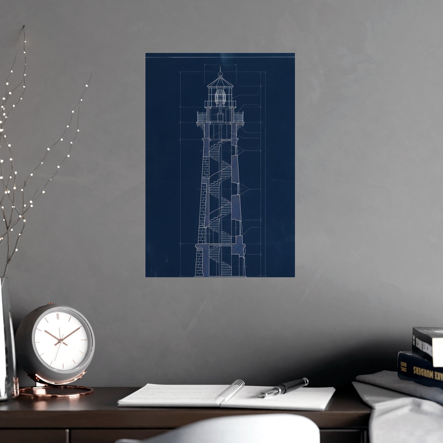 Lighthouse, in Section hung on a grey wall above a dark sofa, 12x18 in print