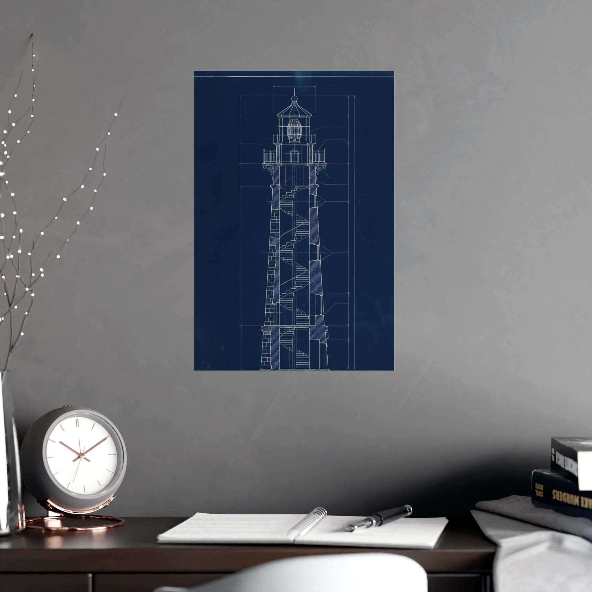 Lighthouse, in Section hung on a grey wall above a dark sofa, 12x18 in print