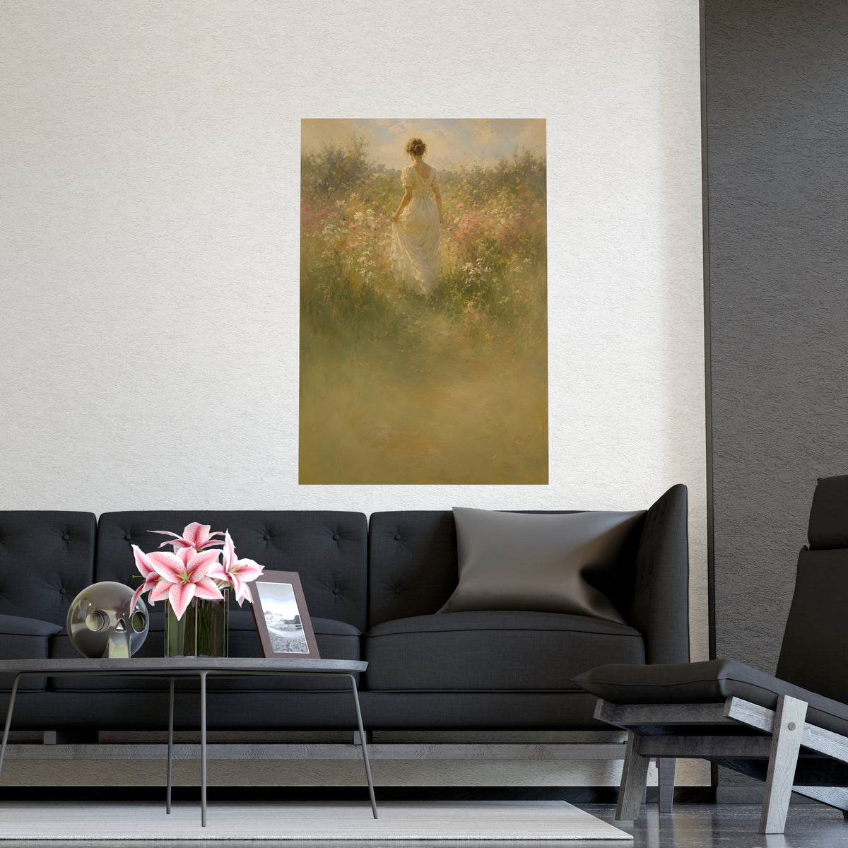 Meadow Walk — a woman walking through a summer meadow of wildflowers, shown framed on a wall
