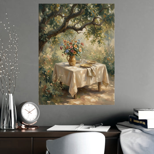 Table Under the Tree framed on a cream wall in a living room, 18x24 in print