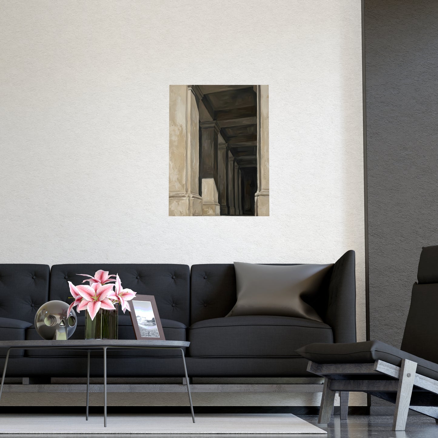 Colonnade on a living room wall beside a tall vase, 11x17 in print