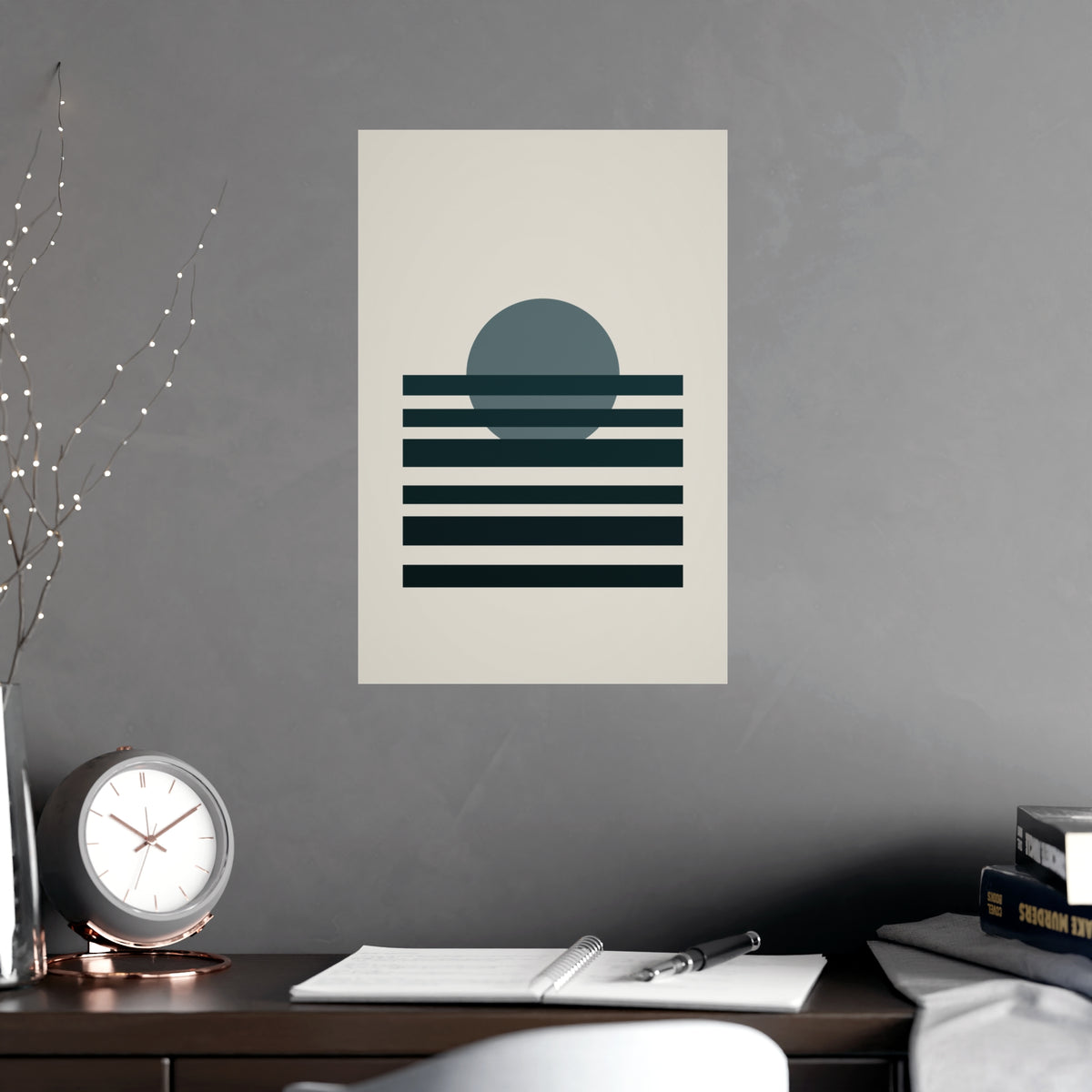 Deep Teal Sunset Landscape Wall Art — sunset landscape in a deep teal palette, shown framed on a wall