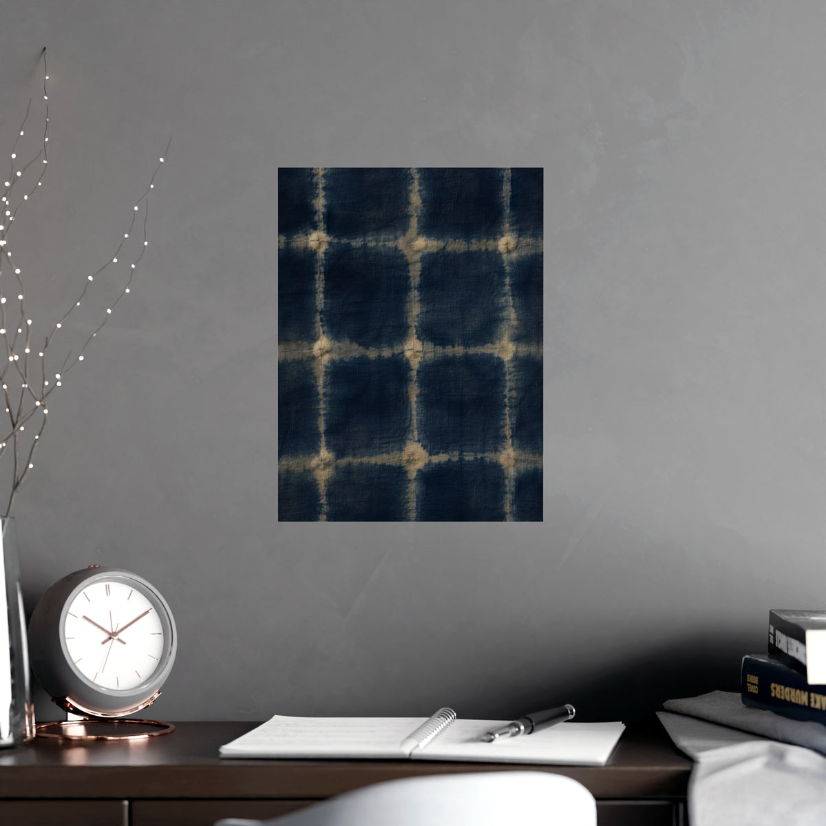 Indigo, Tied — indigo, tied, shown framed on a wall