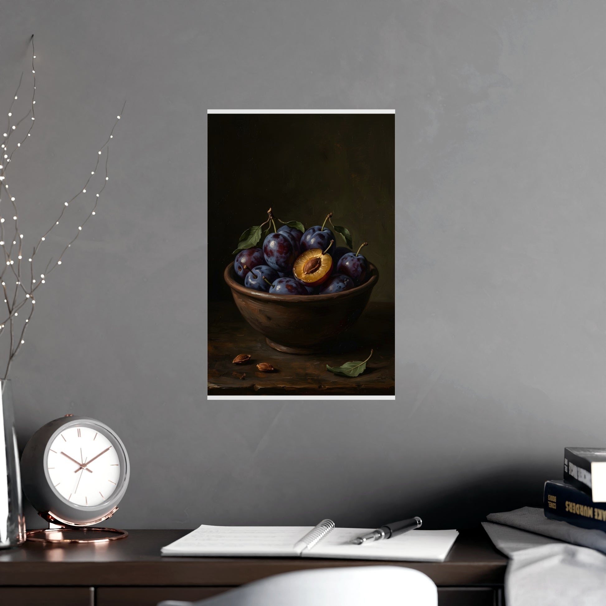 Bowl of Plums on a living room wall beside a tall vase, 11x17 in print