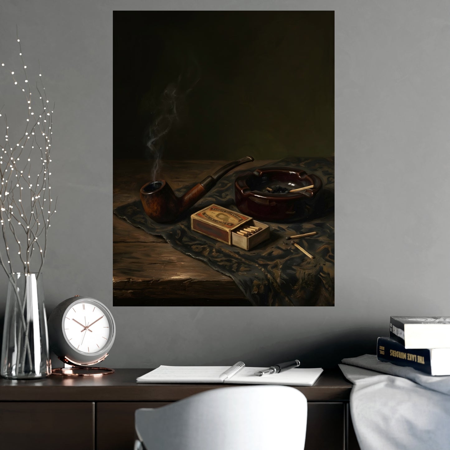 Pipe and Matches framed on a cream wall in a living room, 18x24 in print