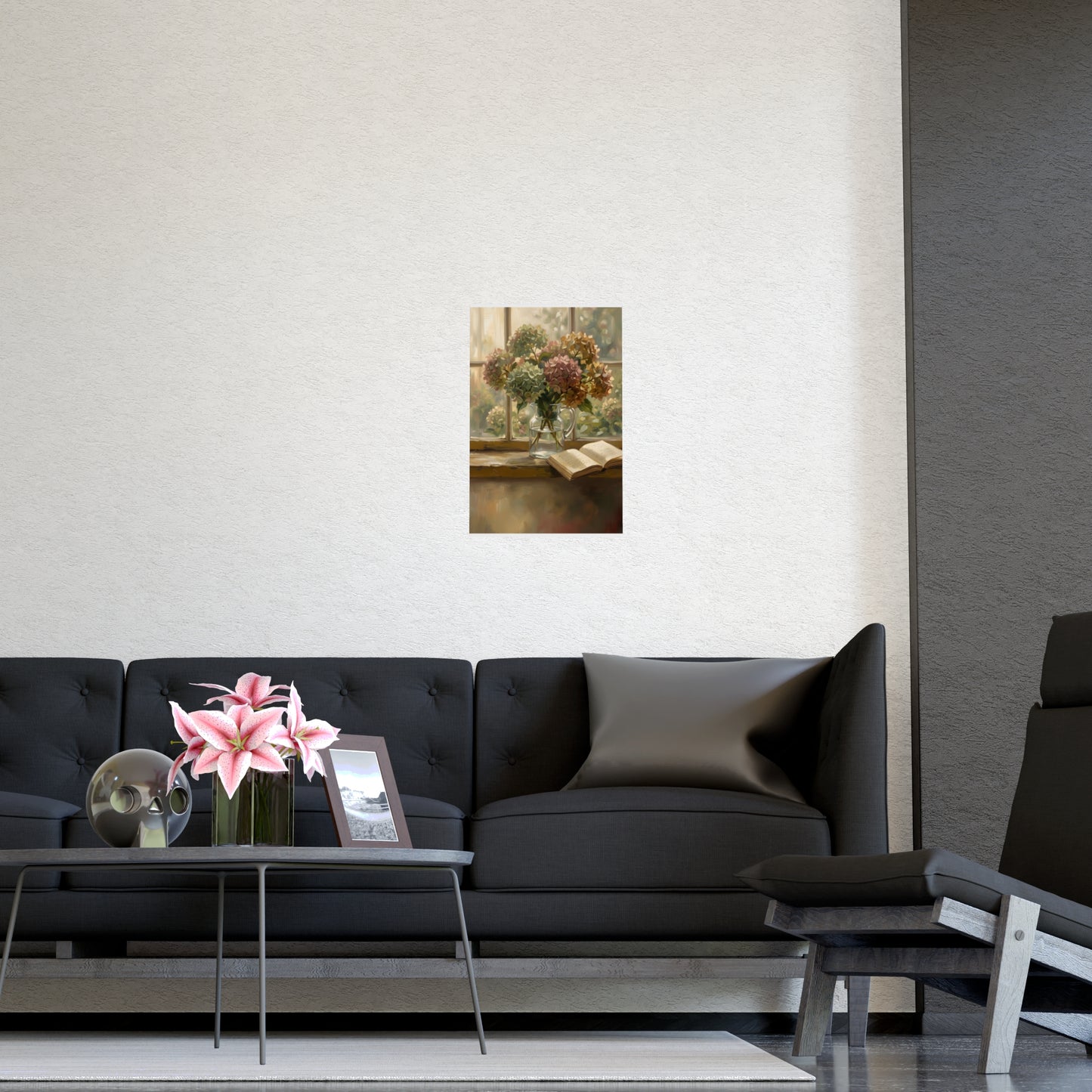 Hydrangeas and a Book hung on a grey wall above a dark sofa, 12x16 in print