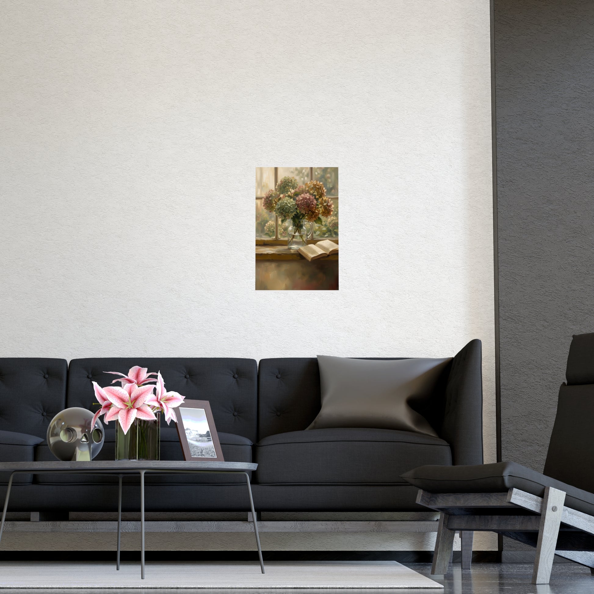 Hydrangeas and a Book hung on a grey wall above a dark sofa, 12x16 in print