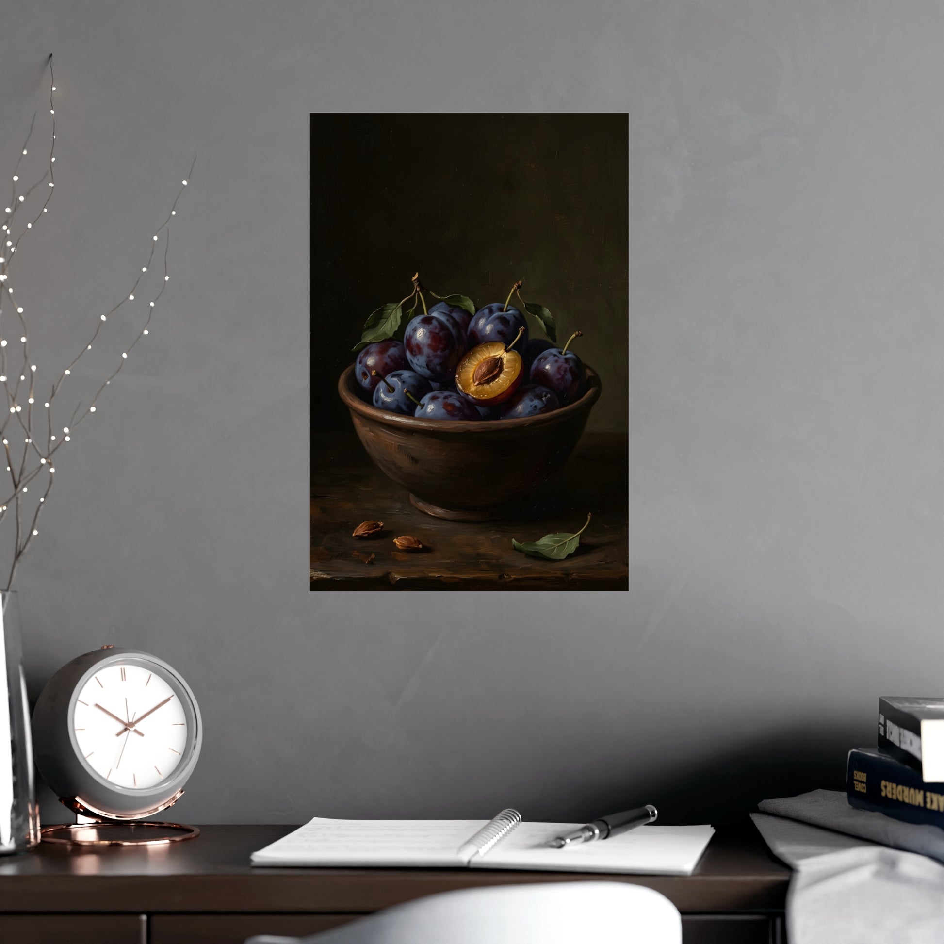 Stilllife 04 on a living room wall beside a tall vase, 12x18 in print