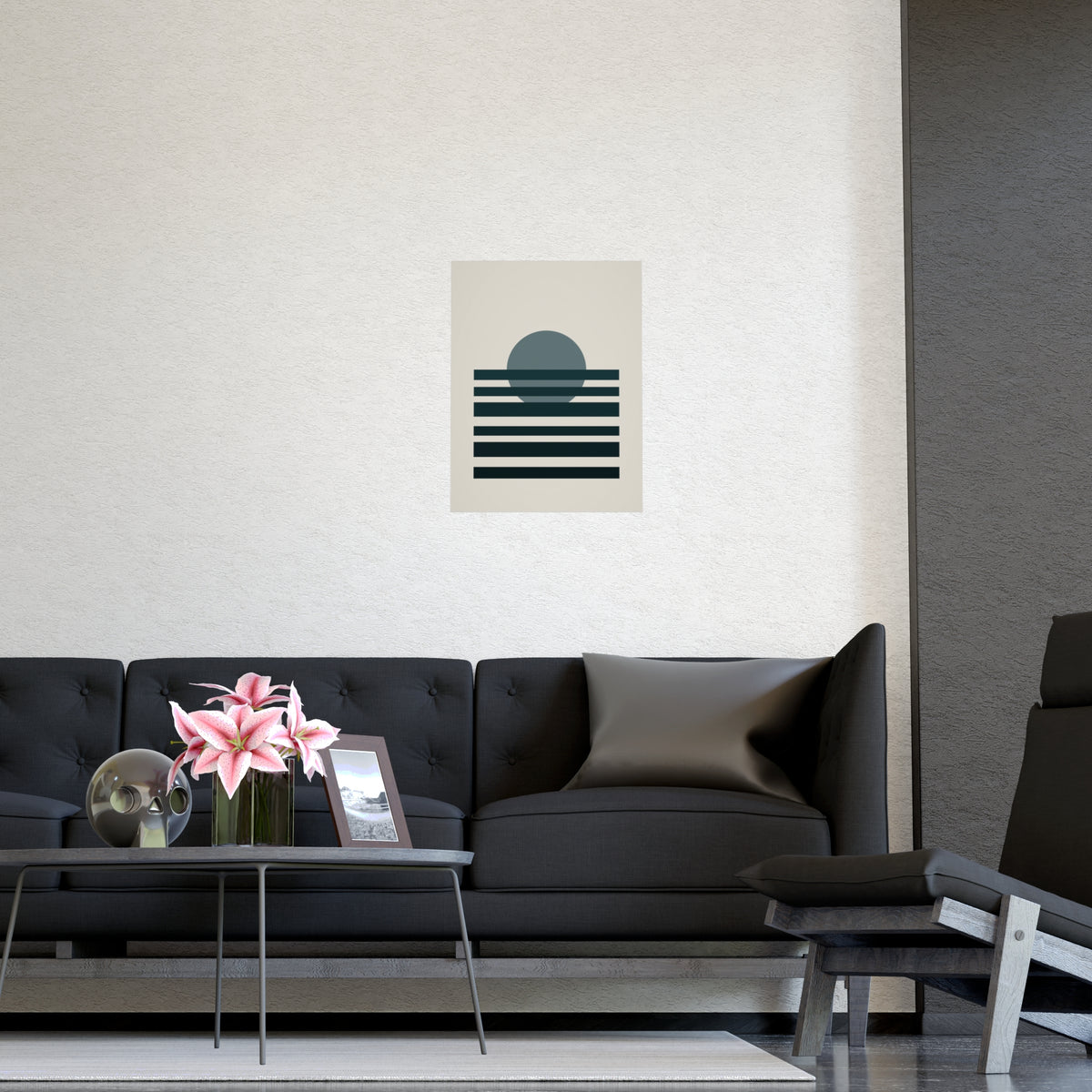 Deep Teal Sunset Landscape Wall Art — sunset landscape in a deep teal palette, shown framed on a wall