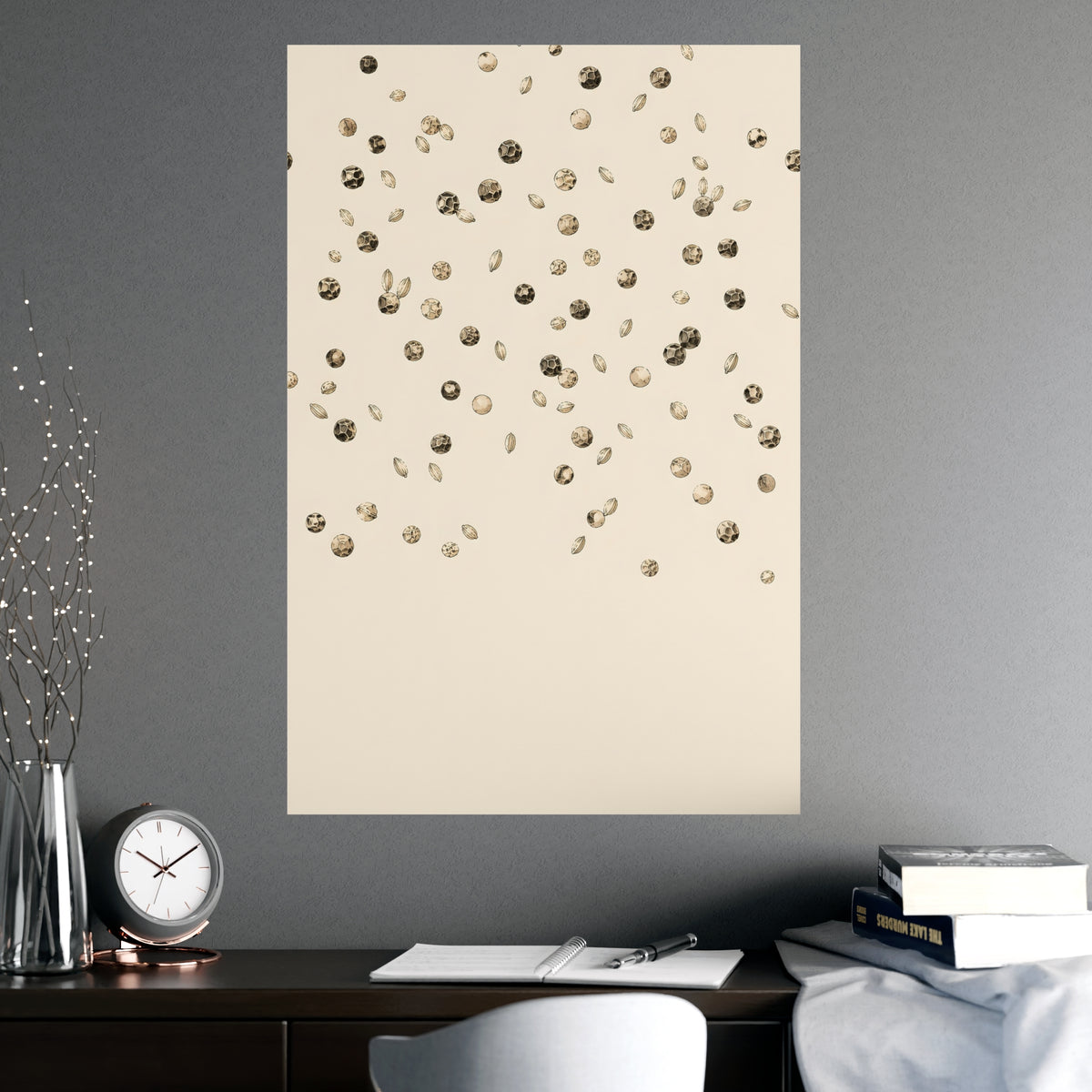 Scattered Seeds — scattered seeds, shown framed on a wall