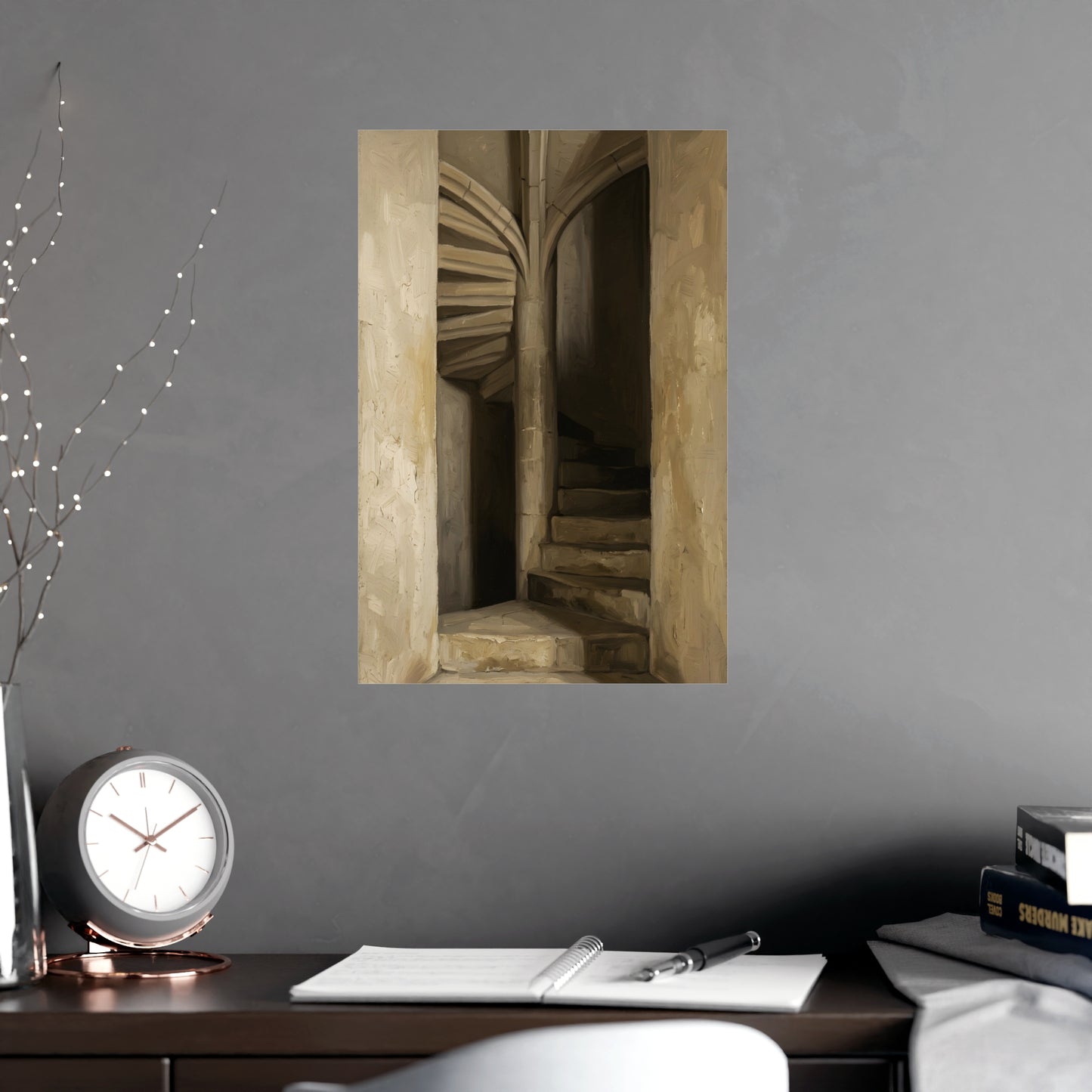 Stone Stair hung above a sofa with a side table and lilies, 12x18 in print