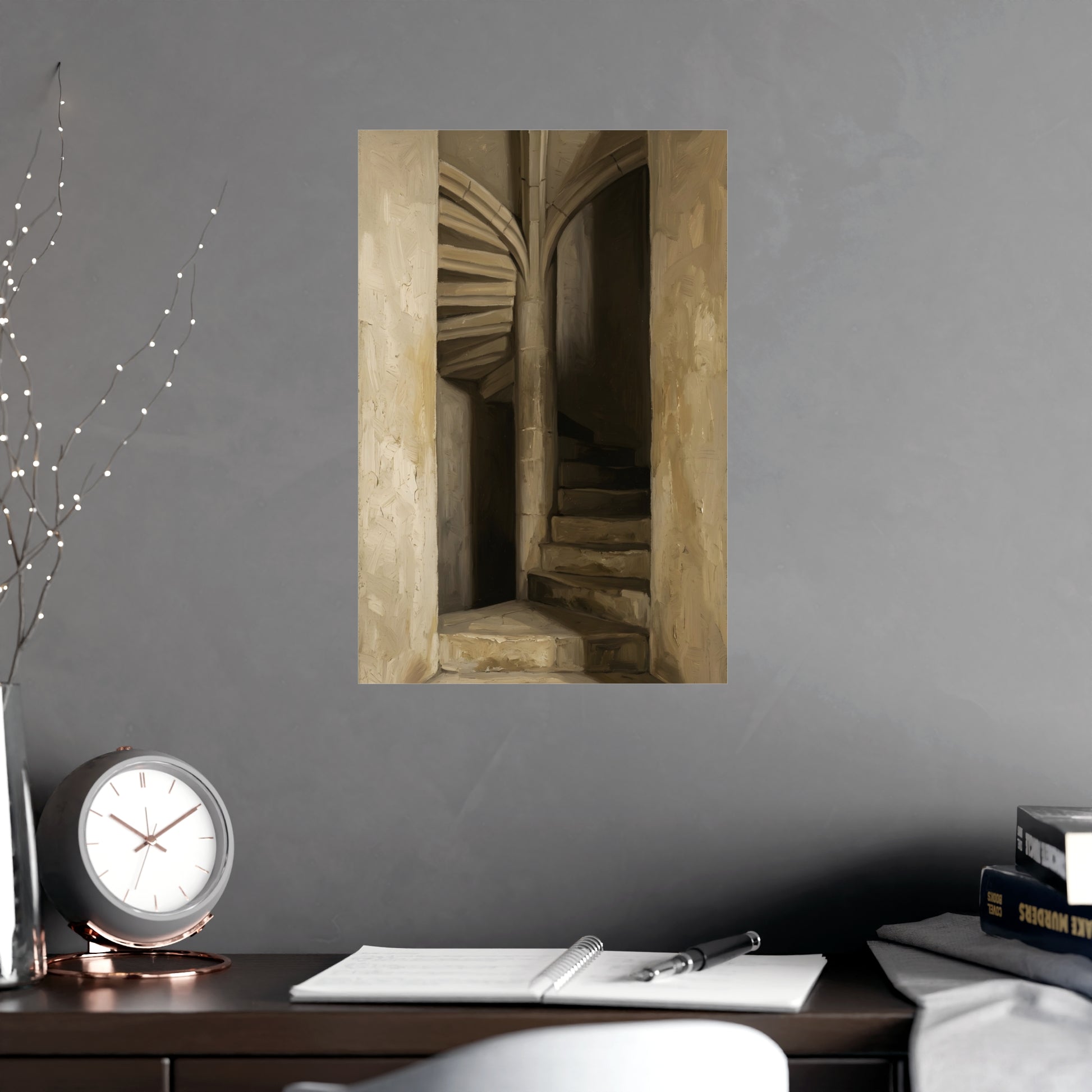 Stone Stair hung above a sofa with a side table and lilies, 12x18 in print