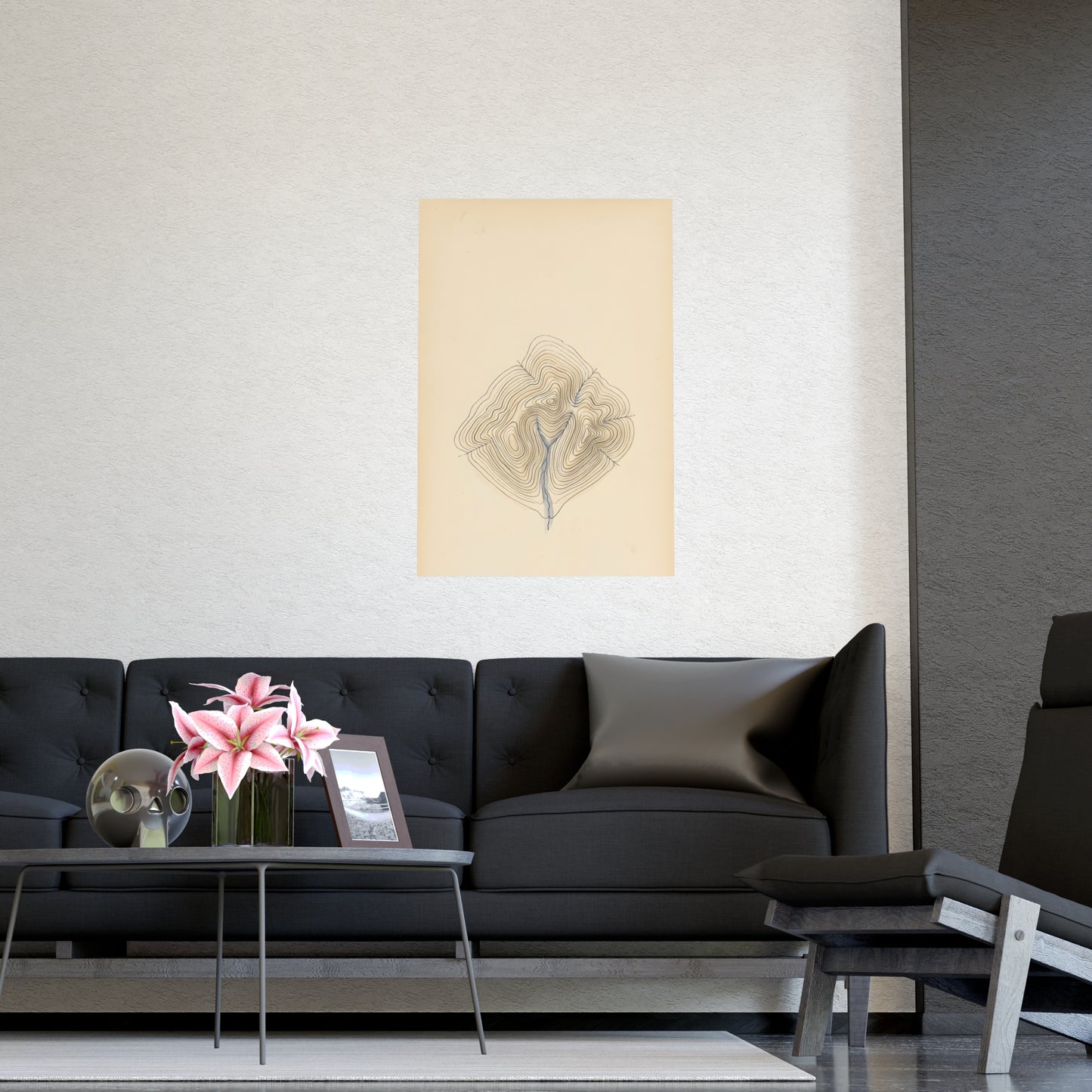 Contour Lines on a living room wall beside a tall vase, 16x24 in print