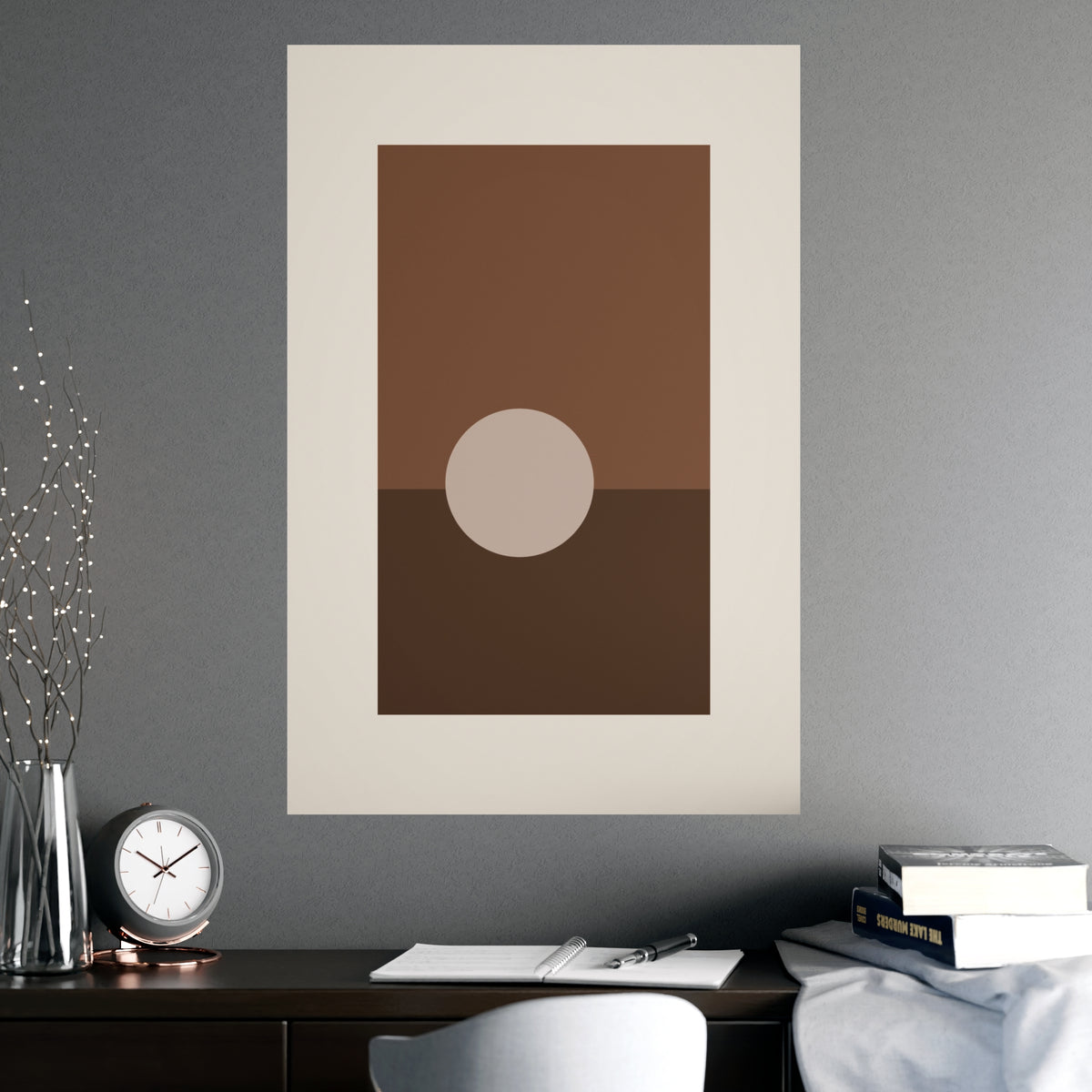 Sand Clay Sun Landscape Wall Art — sun landscape in a sand clay palette, shown framed on a wall