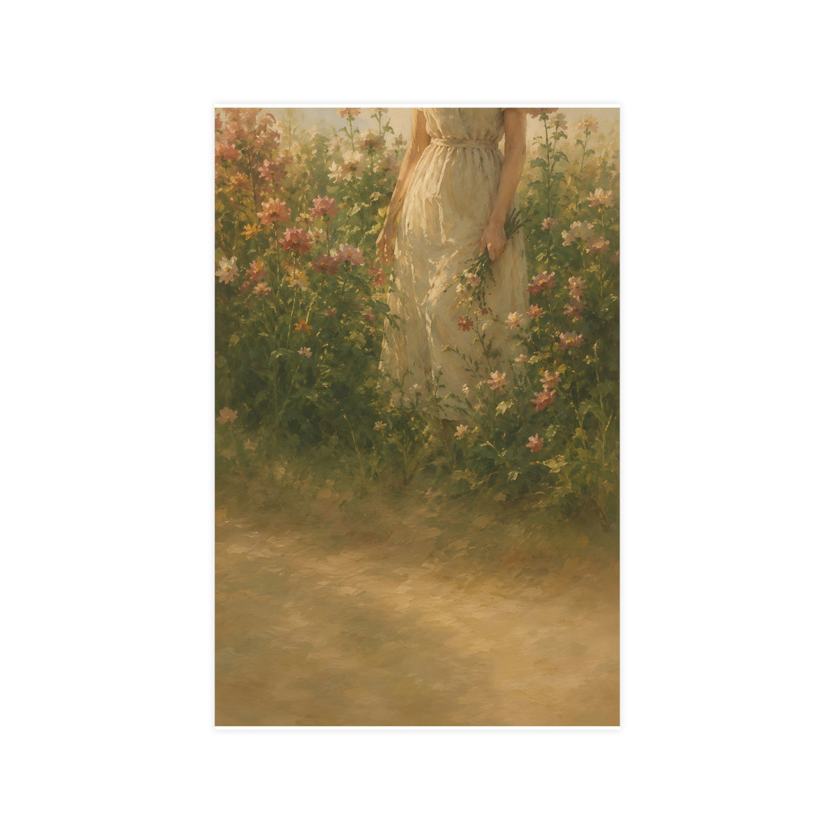 In the Tall Flowers — a woman in a linen dress standing among tall summer flowers, the top of the frame cutting her off at th