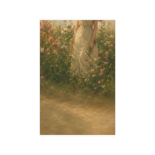 In the Tall Flowers — a woman in a linen dress standing among tall summer flowers, the top of the frame cutting her off at th