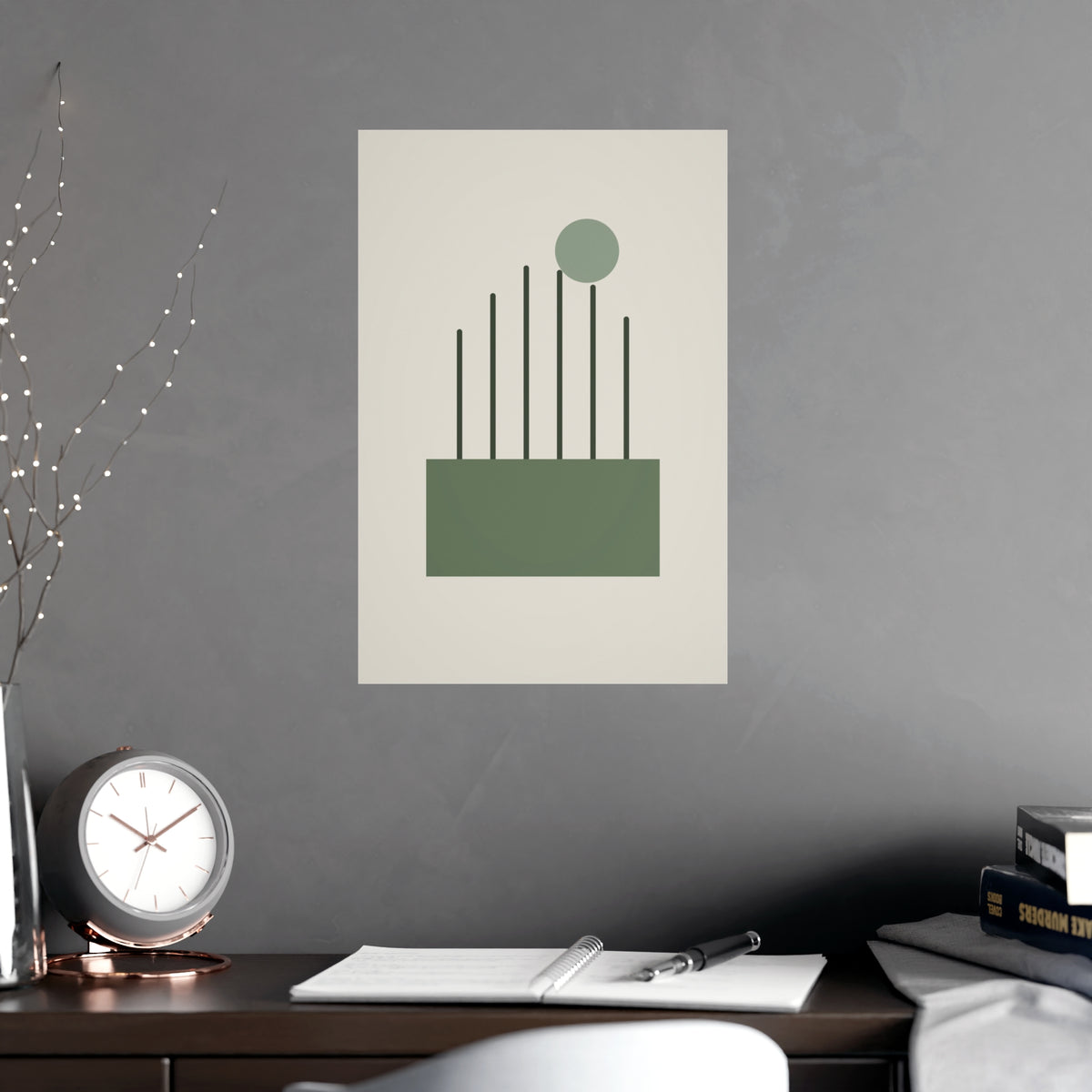 Sage Neutral Lines Boho Wall Art — lines in a sage neutral palette, shown framed on a wall
