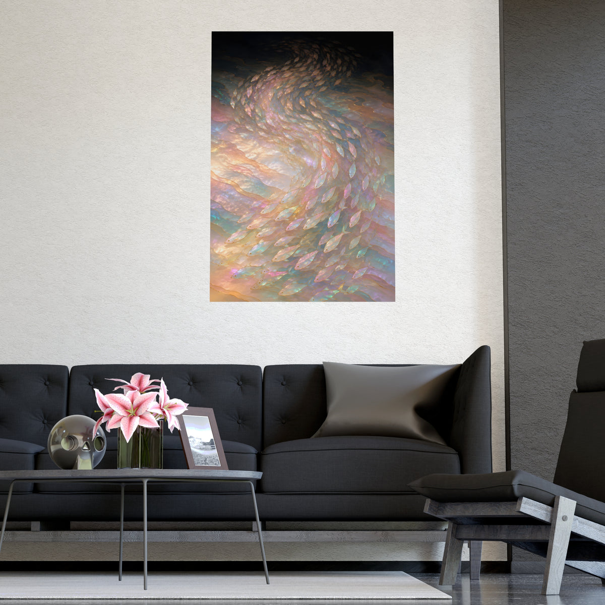 A Shoal, Turning — a shoal, turning, shown framed on a wall