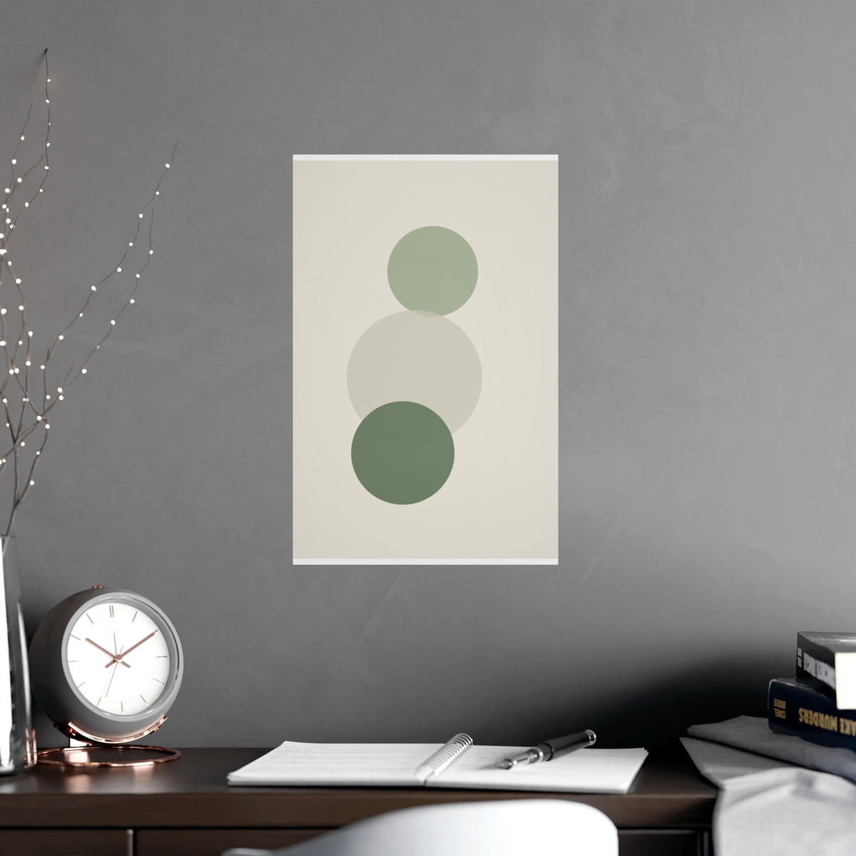 Sage Neutral Circles Boho Wall Art — circles in a sage neutral palette, shown framed on a wall