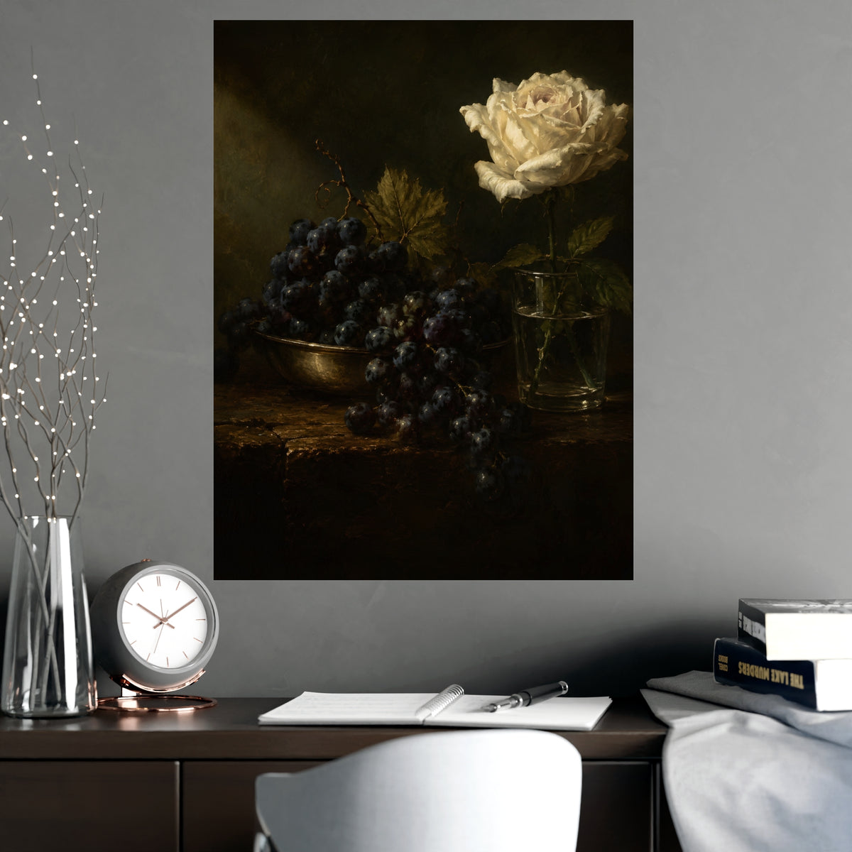 Grapes and a White Rose — grapes and a white rose, shown framed on a wall