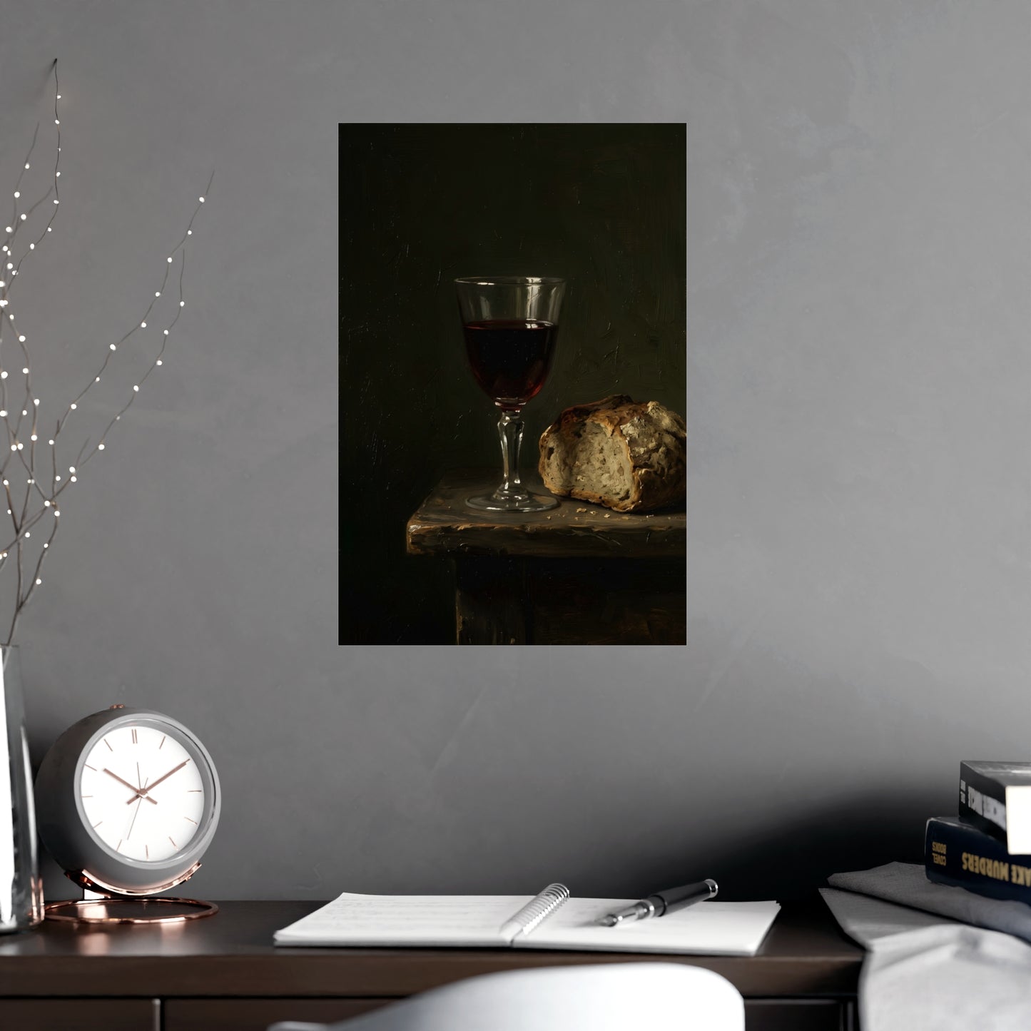 Stilllife 05 hung above a sofa with a side table and lilies, 12x18 in print