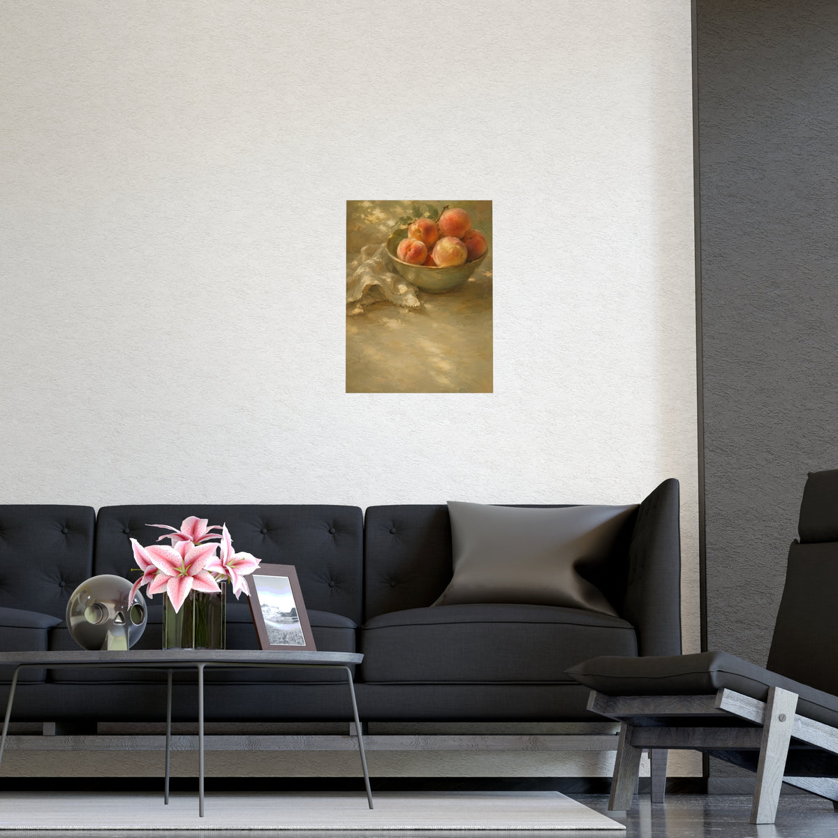 Bowl of Peaches — a bowl of ripe peaches and a folded linen napkin on a sunlit table, shown framed on a wall