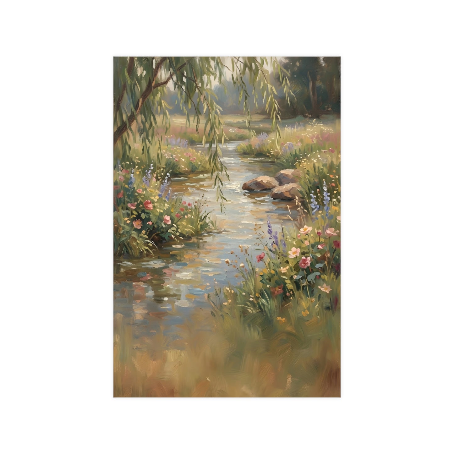 Willow Stream — a shallow stream winding through a meadow with willow branches trailing over the water, 12x16 in print