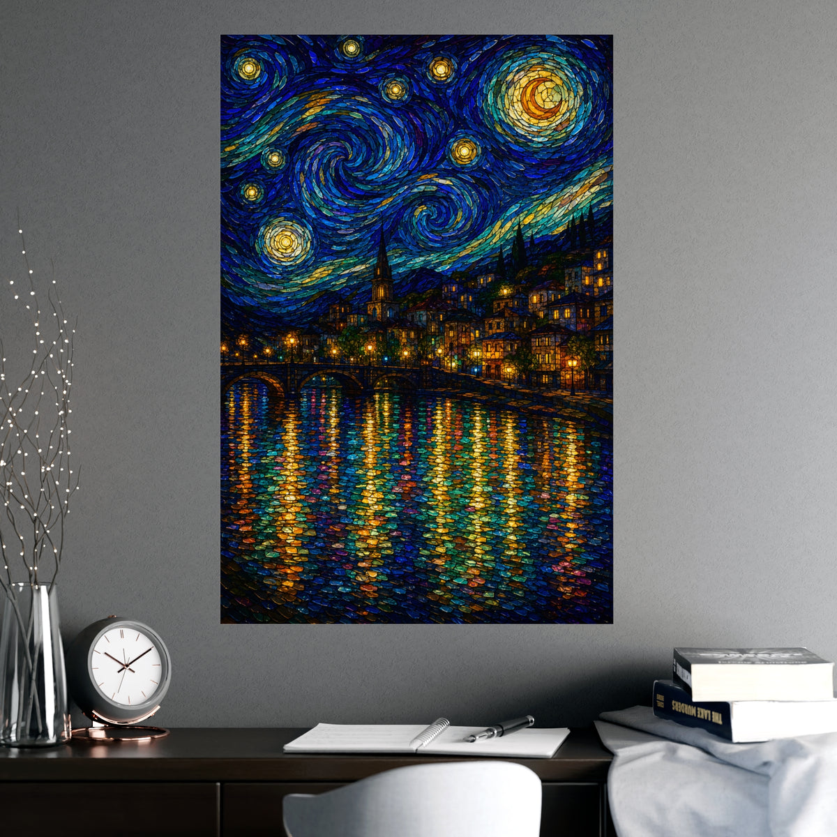 River Town at Night — river town at night, shown framed on a wall