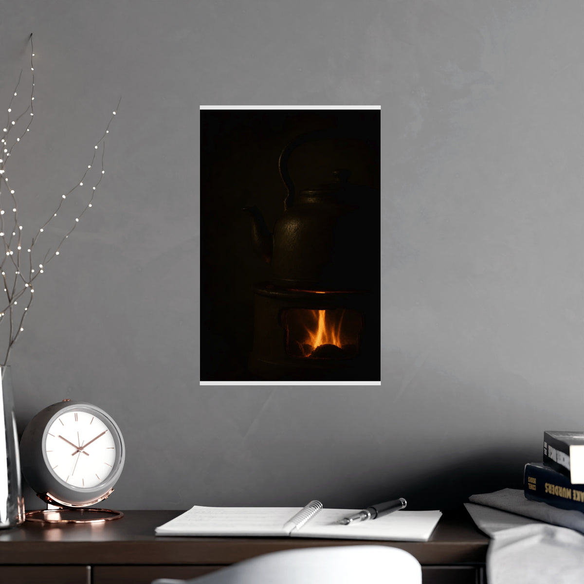 Under the Kettle — under the kettle, shown framed on a wall