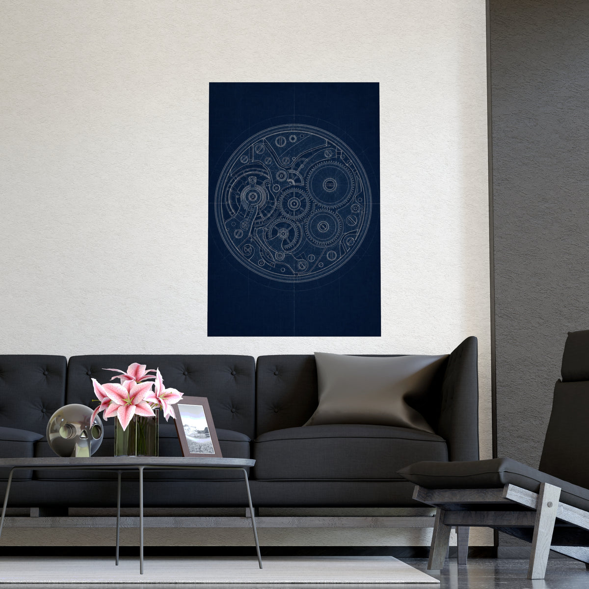 Watch Movement — watch movement, shown framed on a wall